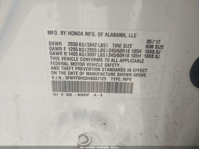 5FNYF6H53HB037125 Honda Pilot Ex-l