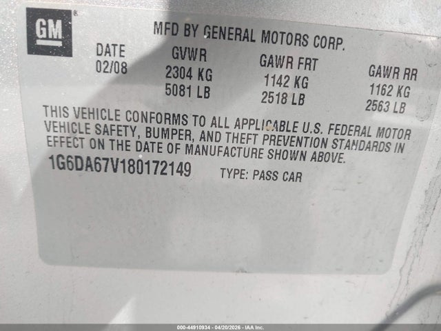 Aukcja sprzedaży 2008 Cadillac Sts V6, vin: 1G6DA67V180172149, numer aukcji: 44910934