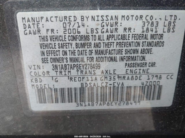 Aukcja sprzedaży 2014 Nissan Sentra S, vin: 3N1AB7AP8EY278499, numer aukcji: 44910936