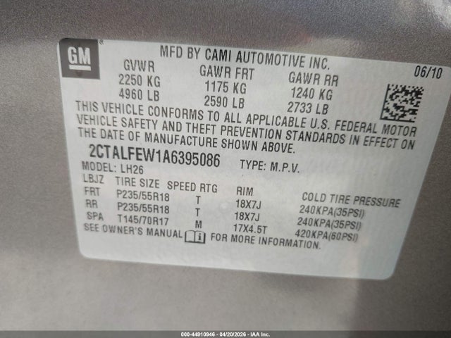 Aukcja sprzedaży 2010 Gmc Terrain Slt-1, vin: 2CTALFEW1A6395086, numer aukcji: 44910946