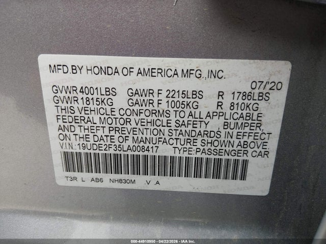 Aukcja sprzedaży 2020 Acura Ilx Standard, vin: 19UDE2F35LA008417, numer aukcji: 44910950