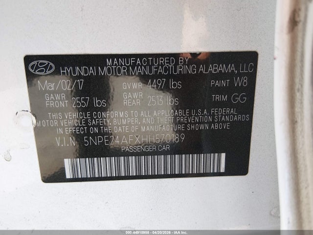 5NPE24AFXHH570189 Hyundai Sonata