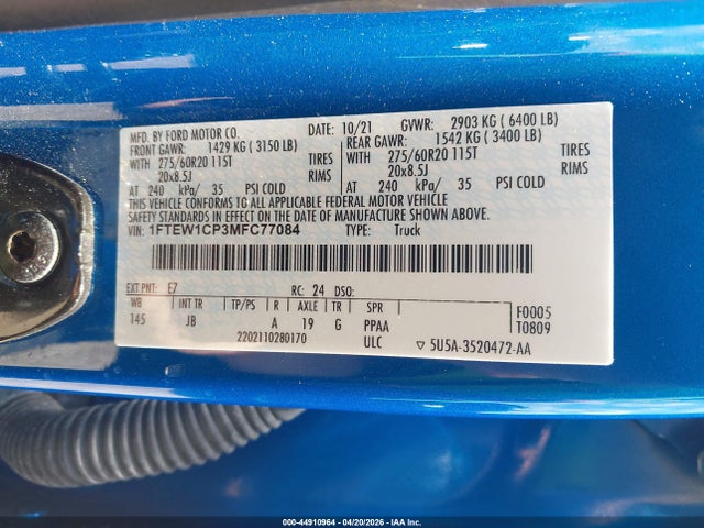 44910964 :رقم المزاد ، 1FTEW1CP3MFC77084 vin ، 2021 Ford F-150 Xl مزاد بيع