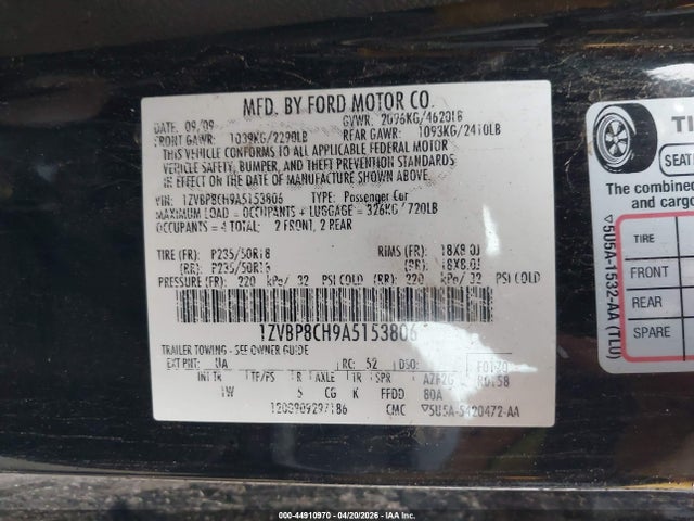 Продажа на аукционе авто 2010 Ford Mustang Gt/gt Premium, vin: 1ZVBP8CH9A5153806, номер лота: 44910970
