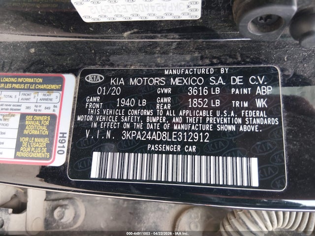 44911003 :رقم المزاد ، 3KPA24AD8LE312912 vin ، 2020 Kia Rio Lx مزاد بيع