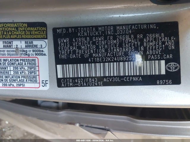 Aukcja sprzedaży 2004 Toyota Camry Le, vin: 4T1BE32K24U892529, numer aukcji: 44911006