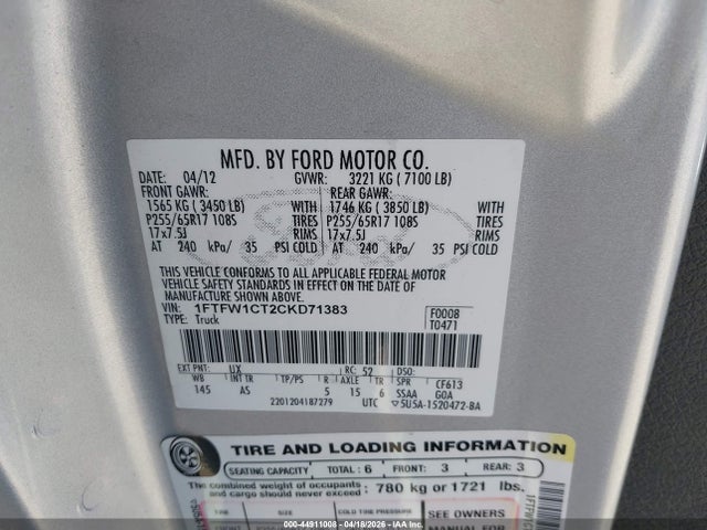 44911008 :رقم المزاد ، 1FTFW1CT2CKD71383 vin ، 2012 Ford F-150 Xl مزاد بيع