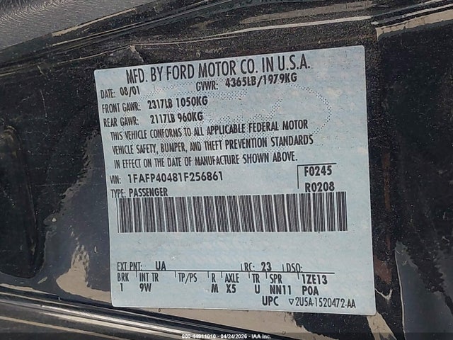 Aukcja sprzedaży 2001 Ford Mustang, vin: 1FAFP40481F256861, numer aukcji: 44911010