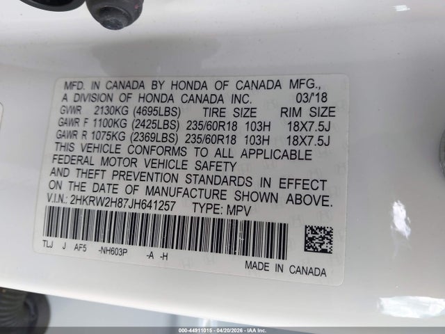 2HKRW2H87JH641257 Honda Cr-v Ex-l/ex-l Navi