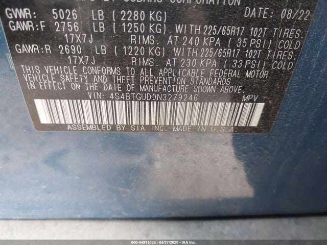 Aukcja sprzedaży 2022 Subaru Outback Wilderness, vin: 4S4BTGUD0N3279246, numer aukcji: 44911025