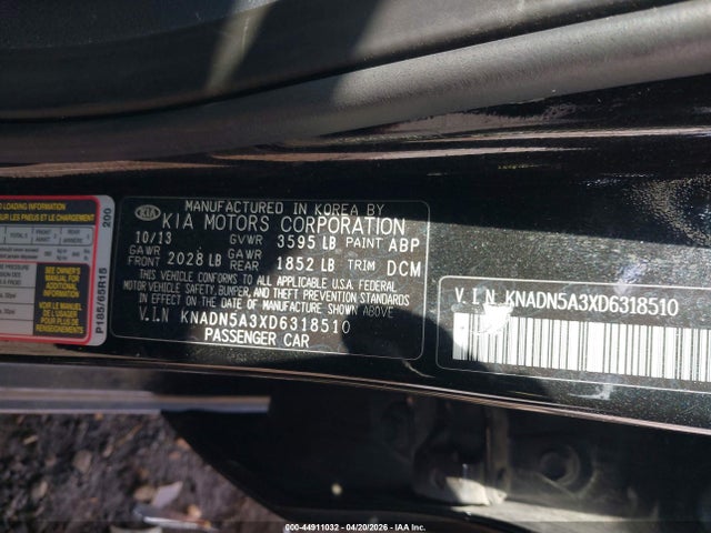 44911032 :رقم المزاد ، KNADN5A3XD6318510 vin ، 2013 Kia Rio Ex مزاد بيع