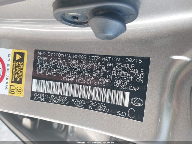 Aukcja sprzedaży 2016 Lexus Es 300h, vin: JTHBW1GG2G2106155, numer aukcji: 44911037