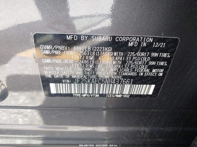 Aukcja sprzedaży 2022 Subaru Forester Premium, vin: JF2SKAEC5NH437661, numer aukcji: 44911043