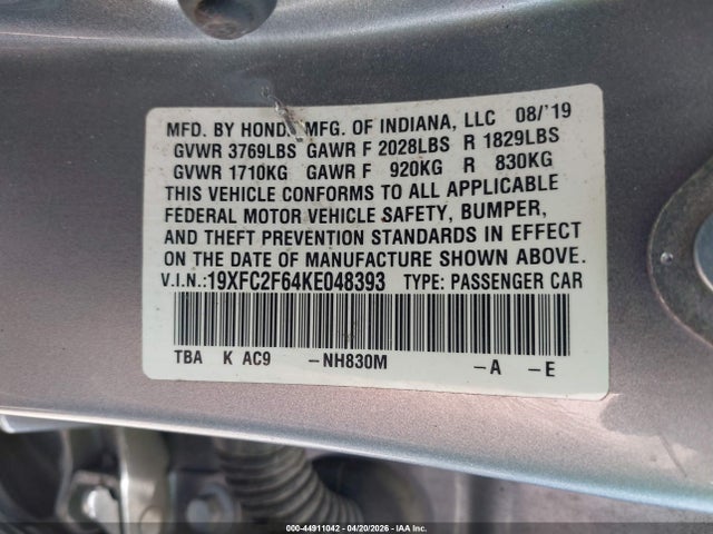 Aukcja sprzedaży 2019 Honda Civic Lx, vin: 19XFC2F64KE048393, numer aukcji: 44911042