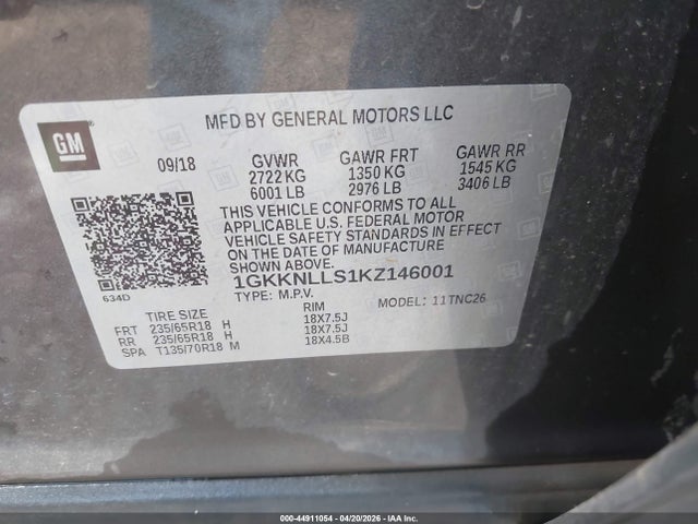 Aukcja sprzedaży 2019 Gmc Acadia Sle-2, vin: 1GKKNLLS1KZ146001, numer aukcji: 44911054