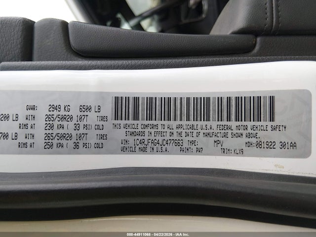Aukcja sprzedaży 2018 Jeep Grand Cherokee Altitude 4x4, vin: 1C4RJFAG4JC477663, numer aukcji: 44911068