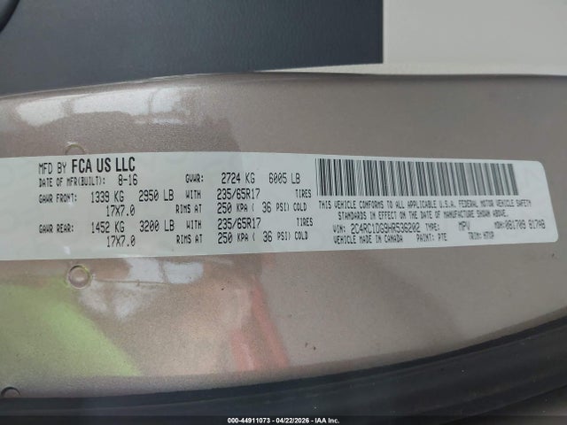 Aukcja sprzedaży 2017 Chrysler Pacifica Touring, vin: 2C4RC1DG9HR536202, numer aukcji: 44911073