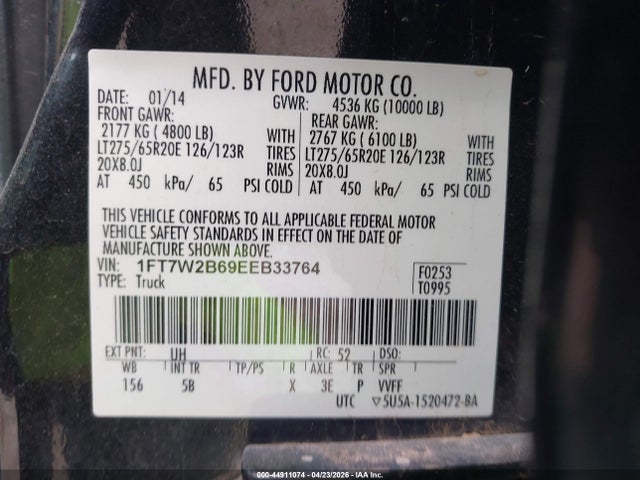 2014 Ford F-250 Lariat მანქანა იყიდება აუქციონზე, vin: 1FT7W2B69EEB33764, აუქციონის ნომერი: 44911074