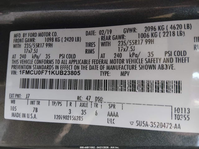 Aukcja sprzedaży 2019 Ford Escape S, vin: 1FMCU0F71KUB23805, numer aukcji: 44911082