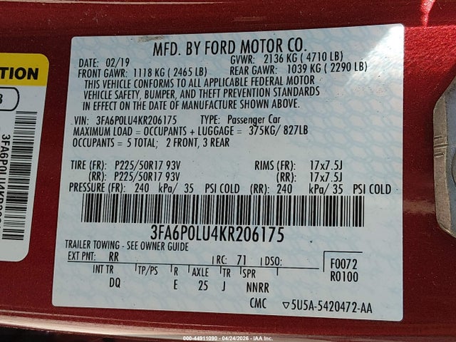 Продажа на аукционе авто 2019 Ford Fusion Hybrid Se, vin: 3FA6P0LU4KR206175, номер лота: 44911090