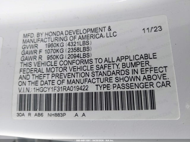 Aukcja sprzedaży 2024 Honda Accord Ex, vin: 1HGCY1F31RA019422, numer aukcji: 44911091