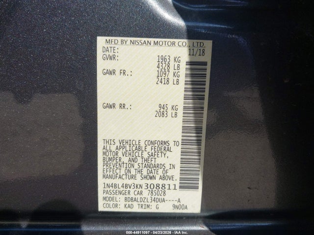Auction sale of the 2019 Nissan Altima 2.5 S, vin: 1N4BL4BV3KN308811, lot number: 44911097