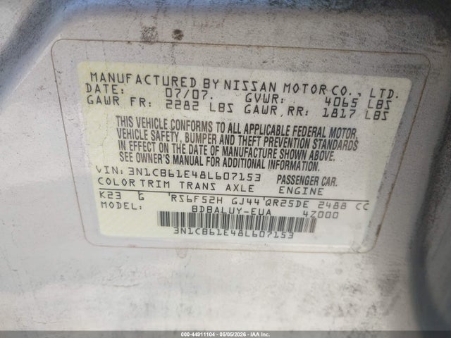 Продаж на аукціоні авто 2008 Nissan Sentra Se-r Spec V, vin: 3N1CB61E48L607153, номер лоту: 44911104