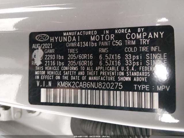 Продажа на аукционе авто 2022 Hyundai Kona Se, vin: KM8K2CAB6NU820275, номер лота: 44911105
