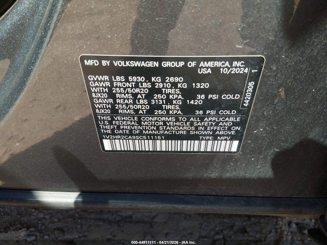 Продаж на аукціоні авто 2025 Volkswagen Atlas 2.0t Se W/technology, vin: 1V2HR2CA9SC511151, номер лоту: 44911111