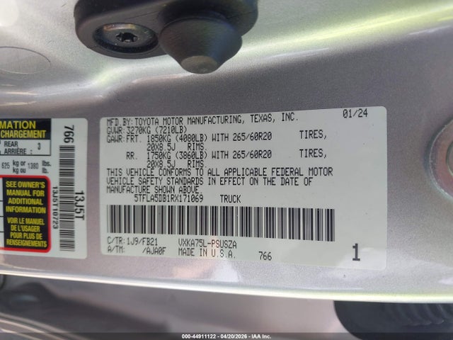 44911122 :رقم المزاد ، 5TFLA5DB1RX171069 vin ، 2024 Toyota Tundra Sr5 مزاد بيع