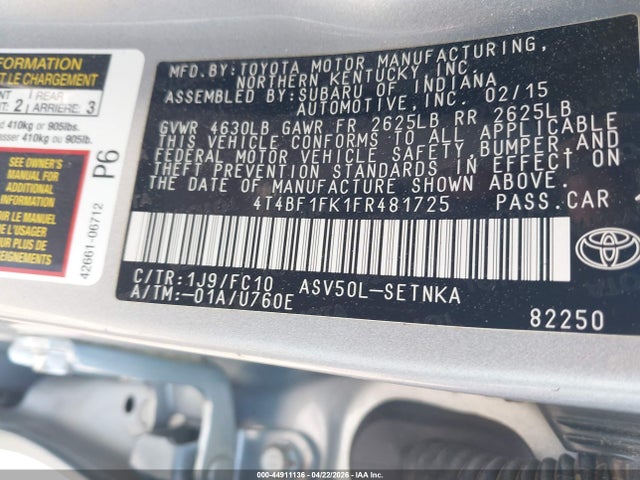 2015 Toyota Camry Le მანქანა იყიდება აუქციონზე, vin: 4T4BF1FK1FR481725, აუქციონის ნომერი: 44911136