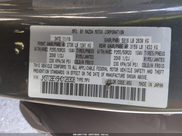 Aukcja sprzedaży 2017 Mazda Cx-9 Signature, vin: JM3TCBEY6H0128308, numer aukcji: 44911139