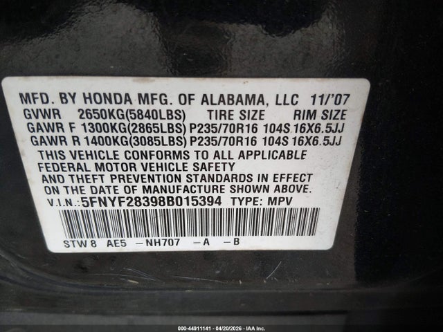 44911141 :رقم المزاد ، 5FNYF28398B015394 vin ، 2008 Honda Pilot Se مزاد بيع