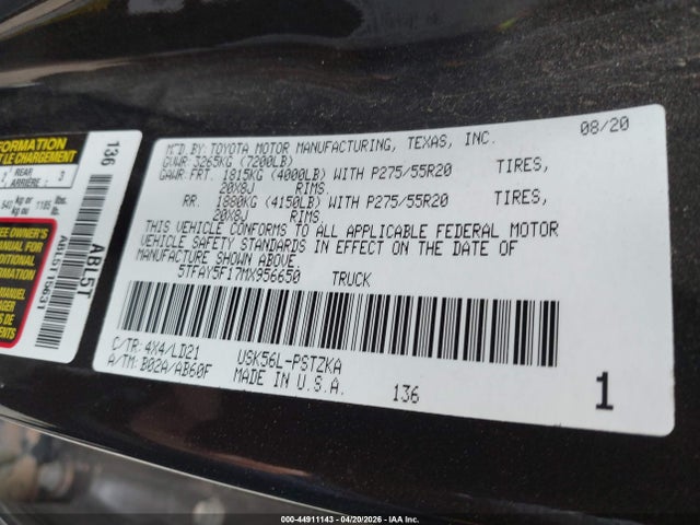 Продаж на аукціоні авто 2021 Toyota Tundra, vin: 5TFAY5F17MX956650, номер лоту: 44911143