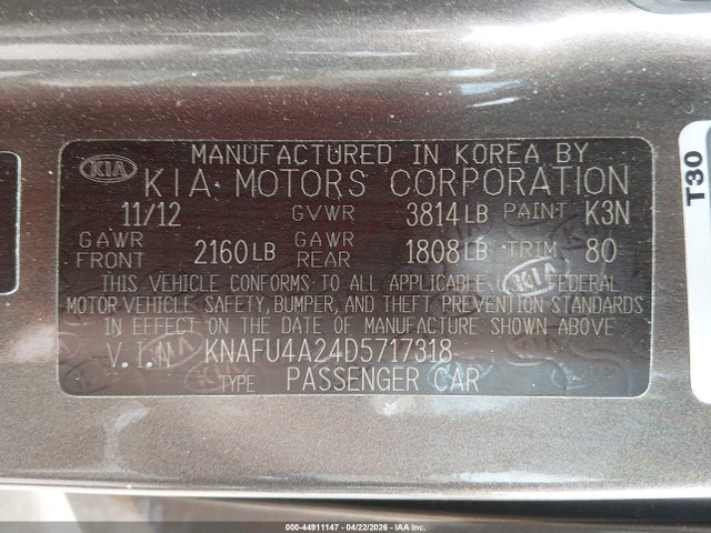 44911147 :رقم المزاد ، KNAFU4A24D5717318 vin ، 2013 Kia Forte Ex مزاد بيع