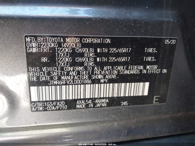 JTMR6RFV2LD001886 Toyota Rav4 Hybrid Xle