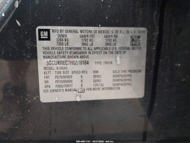 44911151 :رقم المزاد ، 3GCUKREC7HG518164 vin ، 2017 Chevrolet Silverado 1500 2lt مزاد بيع