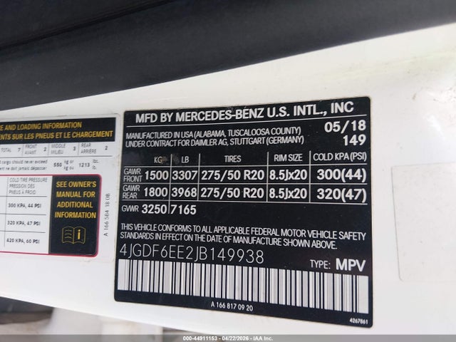 Aukcja sprzedaży 2018 Mercedes-benz Gls 450 4matic, vin: 4JGDF6EE2JB149938, numer aukcji: 44911153