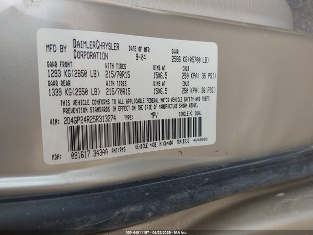 Aukcja sprzedaży 2005 Dodge Grand Caravan Se, vin: 2D4GP24R25R313274, numer aukcji: 44911157