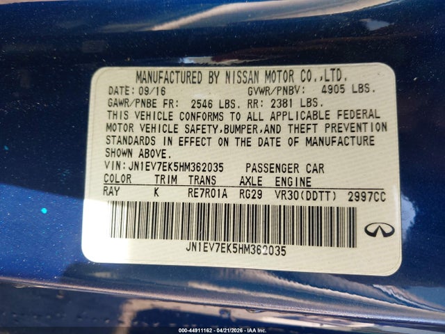44911162 :رقم المزاد ، JN1EV7EK5HM362035 vin ، 2017 Infiniti Q60 3.0t Premium مزاد بيع