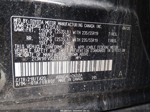Продажа на аукционе авто 2020 Toyota Rav4 Limited, vin: 2T3N1RFV5LC112367, номер лота: 44911171