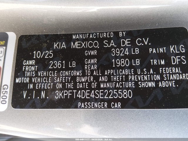 2025 Kia K4 Lxs მანქანა იყიდება აუქციონზე, vin: 3KPFT4DE4SE225580, აუქციონის ნომერი: 44911177