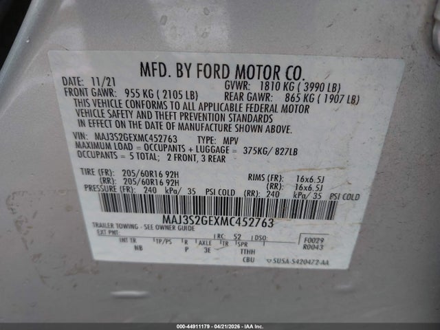 44911179 :رقم المزاد ، MAJ3S2GEXMC452763 vin ، 2021 Ford Ecosport Se مزاد بيع