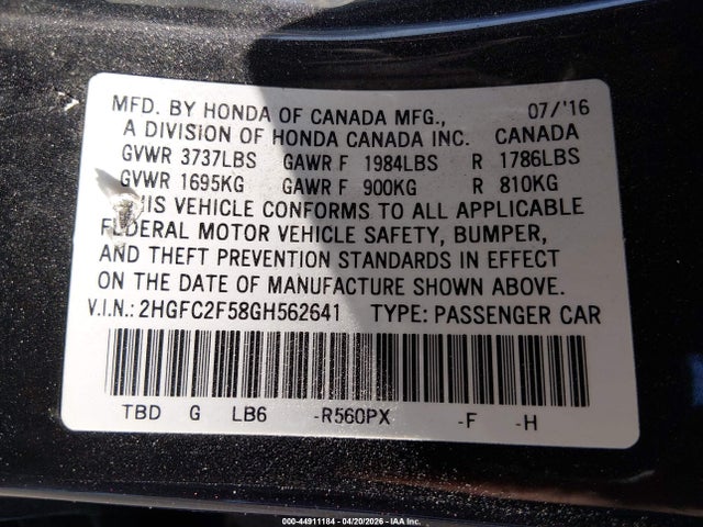 Honda Civic Lx 2016 2HGFC2F58GH562641 Image 9