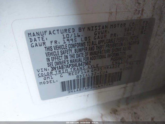 2017 Nissan Sentra Sv მანქანა იყიდება აუქციონზე, vin: 3N1AB7AP3HL647562, აუქციონის ნომერი: 44911186