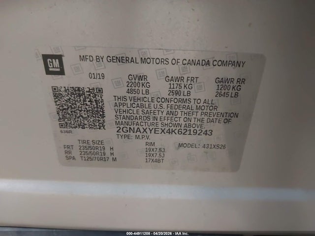 2019 Chevrolet Equinox Premier მანქანა იყიდება აუქციონზე, vin: 2GNAXYEX4K6219243, აუქციონის ნომერი: 44911208