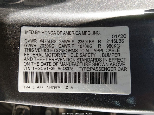 Aukcja sprzedaży 2020 Honda Accord Sport, vin: 1HGCV1F39LA048375, numer aukcji: 44911212