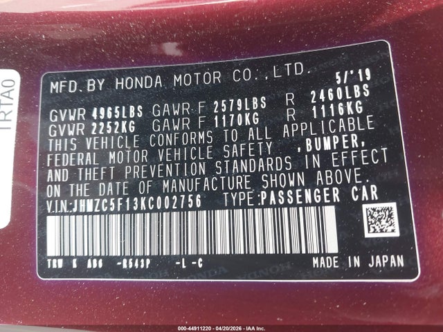 JHMZC5F13KC002756 Honda CLARITY PLUG-IN HYBRID