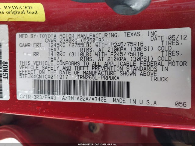 44911221 :رقم المزاد ، 5TFJX4GN1CX011917 vin ، 2012 Toyota Tacoma Prerunner مزاد بيع