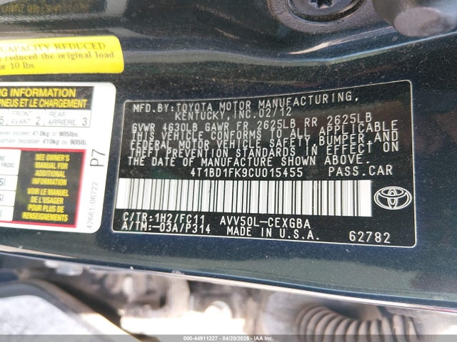 2012 Toyota Camry Hybrid Xle მანქანა იყიდება აუქციონზე, vin: 4T1BD1FK9CU015455, აუქციონის ნომერი: 44911227